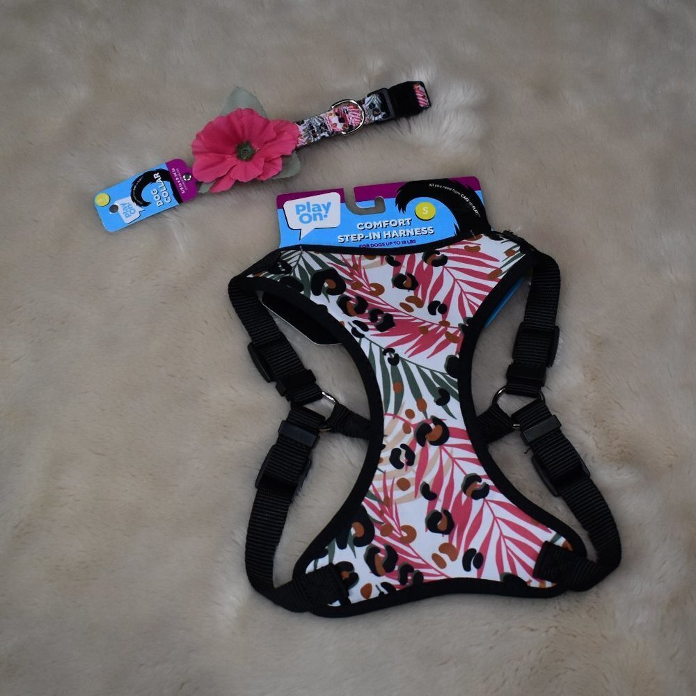 Dog Harness and Matching Collar Tropical Animal Print Set Size Small